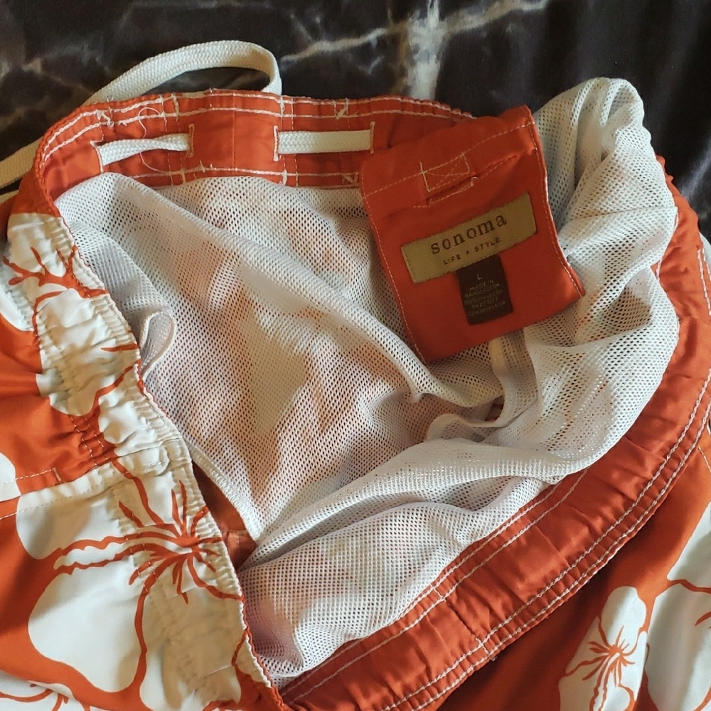Sonoma Vibrant Orange Swim Trunks Hawaiian Orange Floral Flowers Excellent Large - Picture 2 of 15